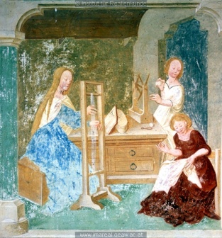 4 Mary at the loom, from a fresco at the Church of St. Primus and Felicianus, Slovenia, 1504